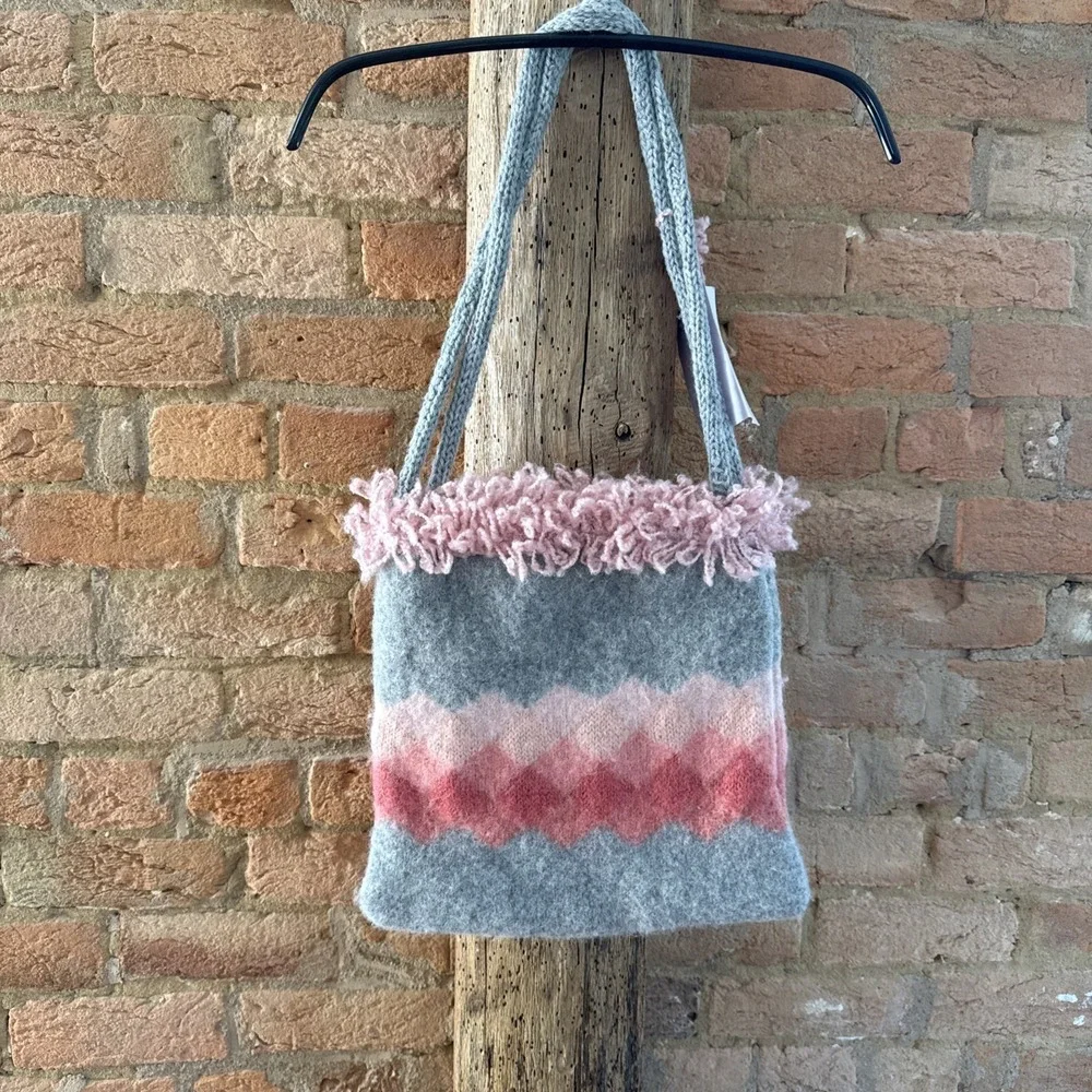 Upcycled Pink Grey Sweater‎ Bag Market Tote Double Handle Hobo OOAK Lined